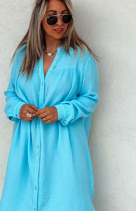 Robe chemise TRYCIA bleu ciel Banditas Robes Bohemes Boutique Keva