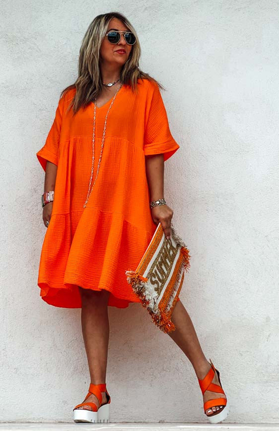 Robe LISA courte manches courtes orange