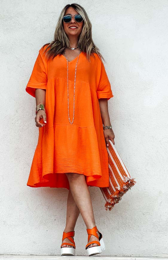 Robe LISA courte manches courtes orange