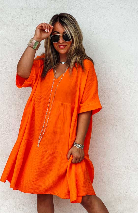 Robe LISA courte manches courtes orange