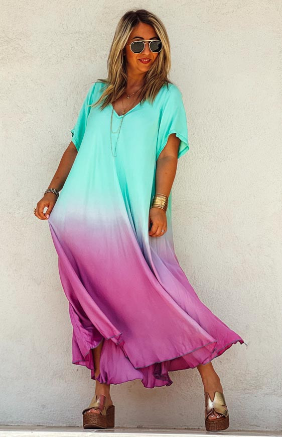 Robe SUZY longue manches courtes vert d'eau