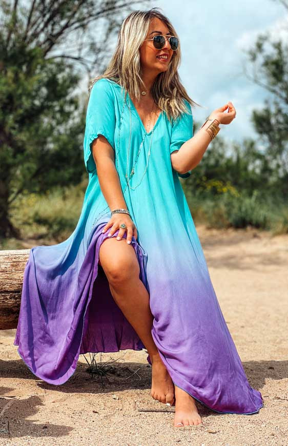 Turquoise SUZY long dress, short sleeves