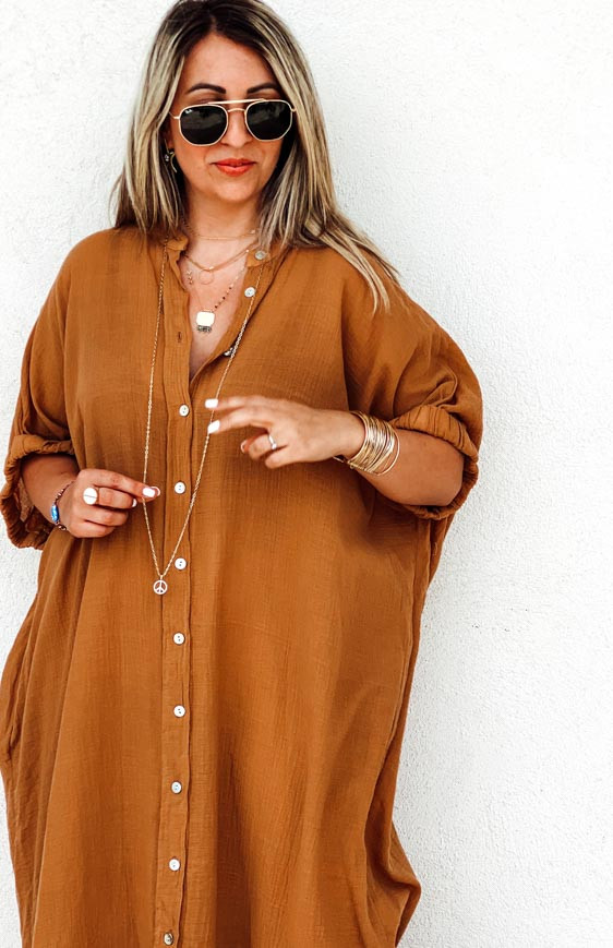 Robe SOLANGE longue manches courtes caramel