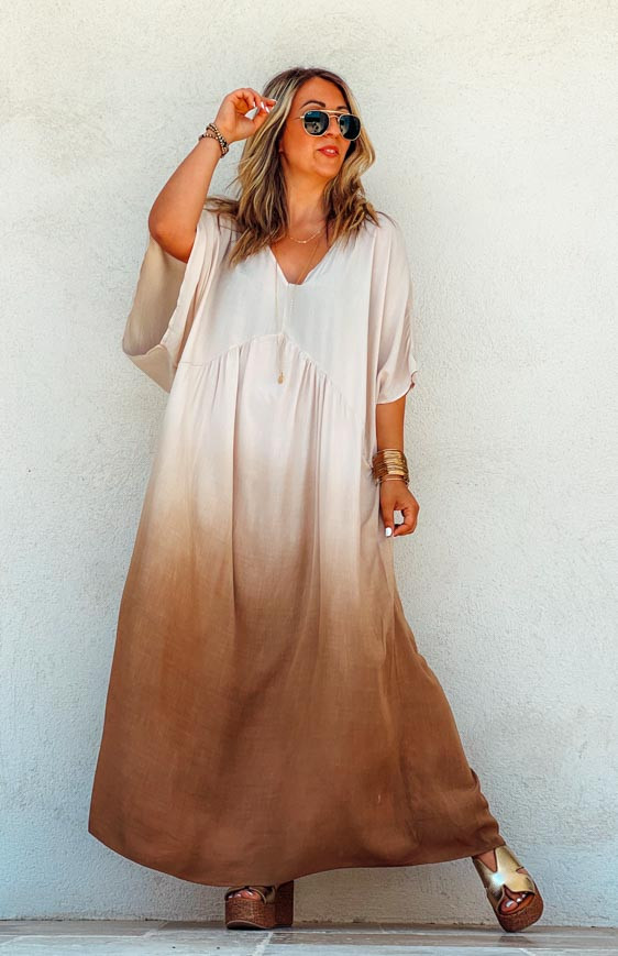 Camel EMELINE long dress, short sleeves