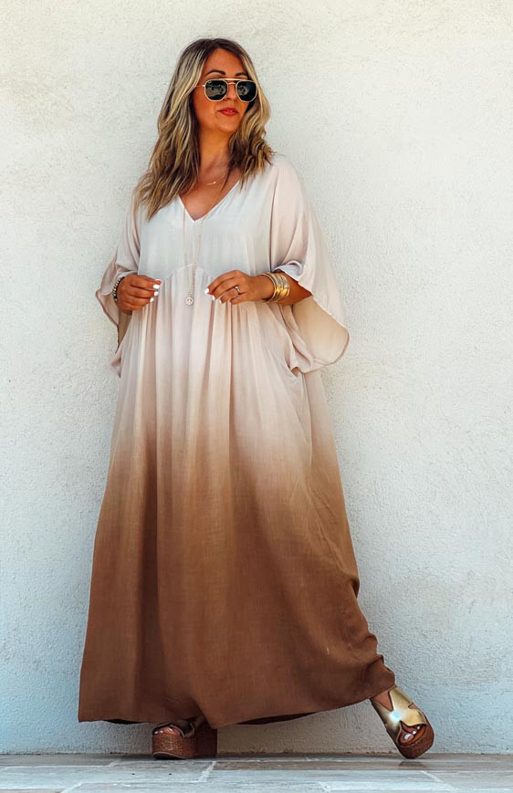 Robe EMELINE longue manches courtes camel