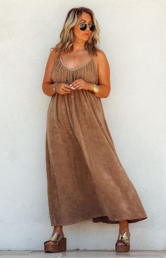 Robe DAYANA longue bretelles camel Robes Bohemes Boutique Keva