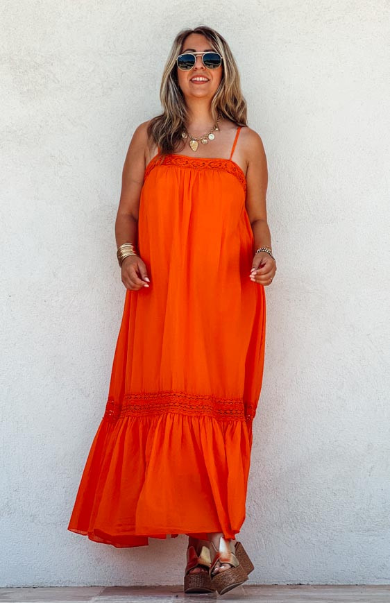 Orange KATY long strapless dress