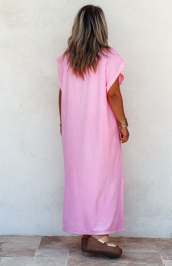 Pink ALISSON long dress, short sleeves