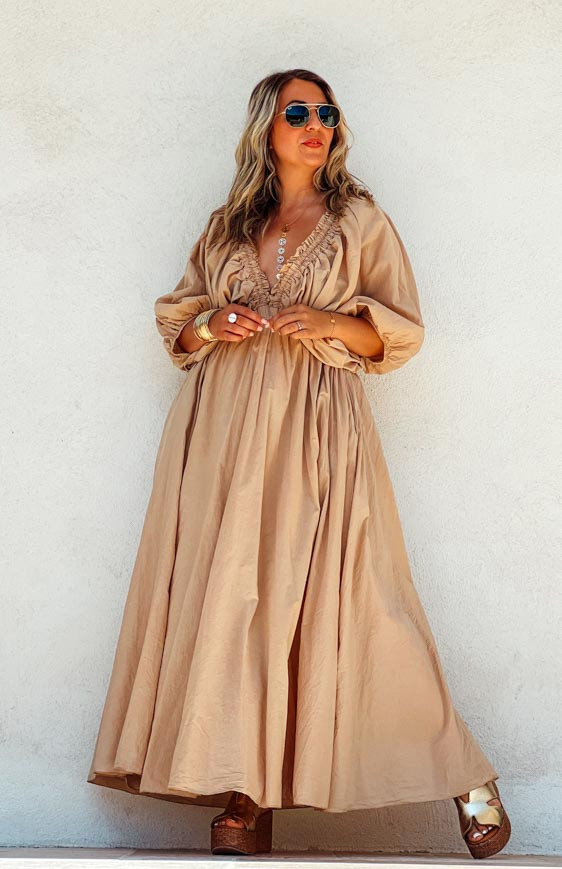 Camel 3/4-sleeve long MARIANNE dress