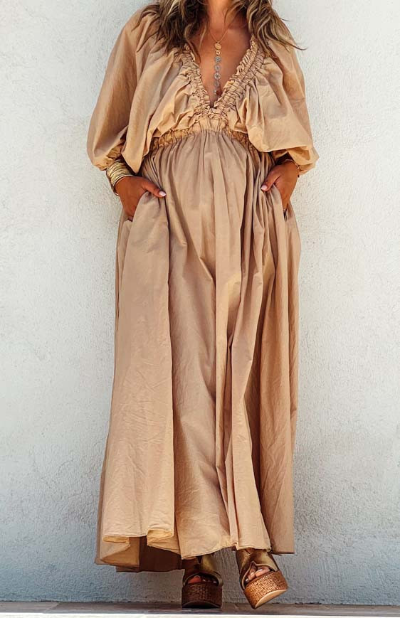 Camel 3/4-sleeve long MARIANNE dress