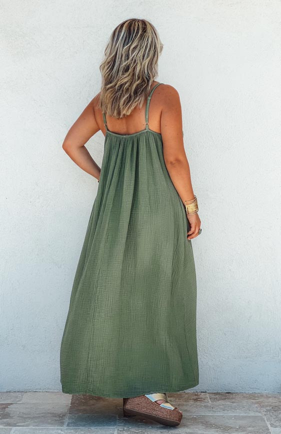 Khaki BRENDA long strapless dress