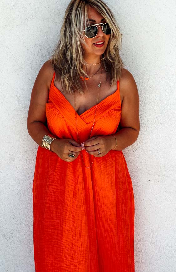 Orange BRENDA long strapless dress