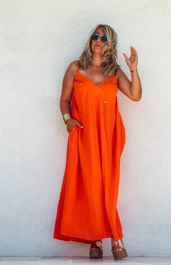 Orange BRENDA long strapless dress