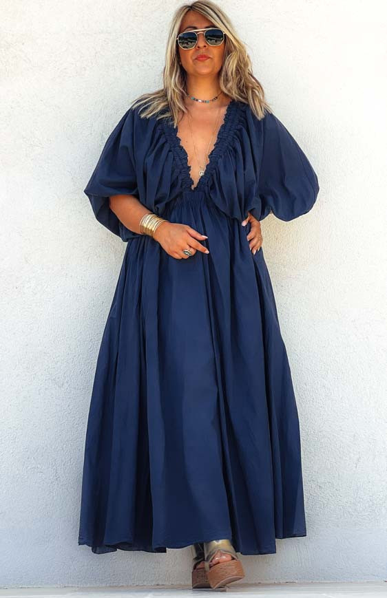 Robe MARIANNE longue manches 3/4 bleu foncé