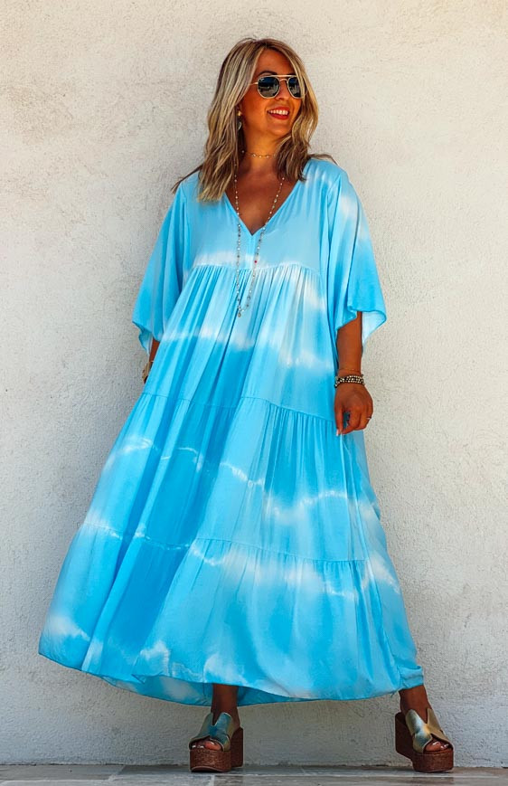 Robe ATHIKA longue manches courtes bleu ciel