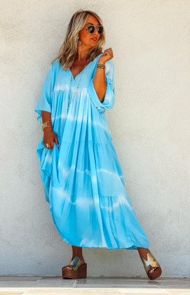 Robe ATHIKA longue manches courtes bleu ciel