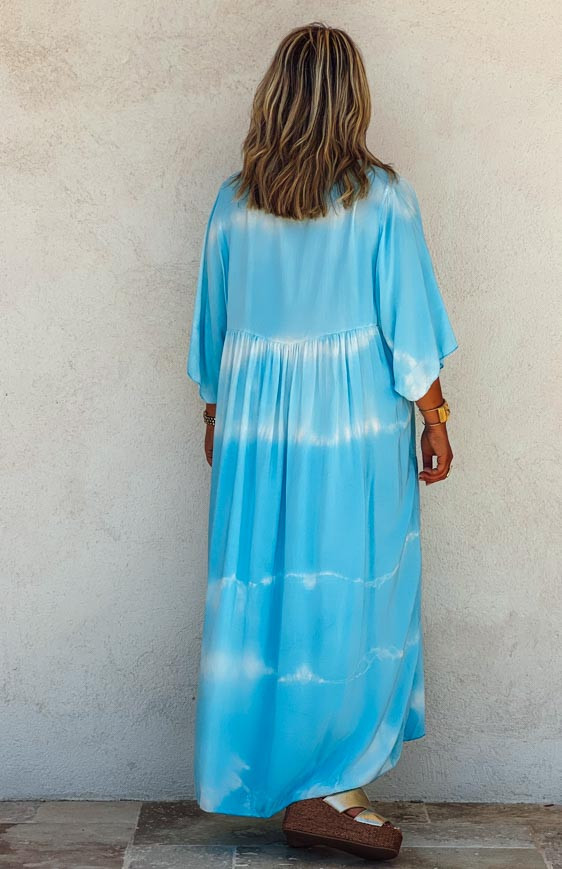 Robe ATHIKA longue manches courtes bleu ciel