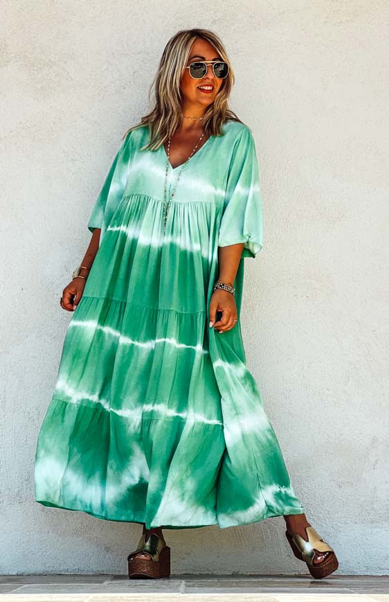 Robe ATHIKA longue manches courtes verte