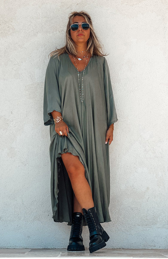 Khaki DELICIA 7/8 sleeves long dress