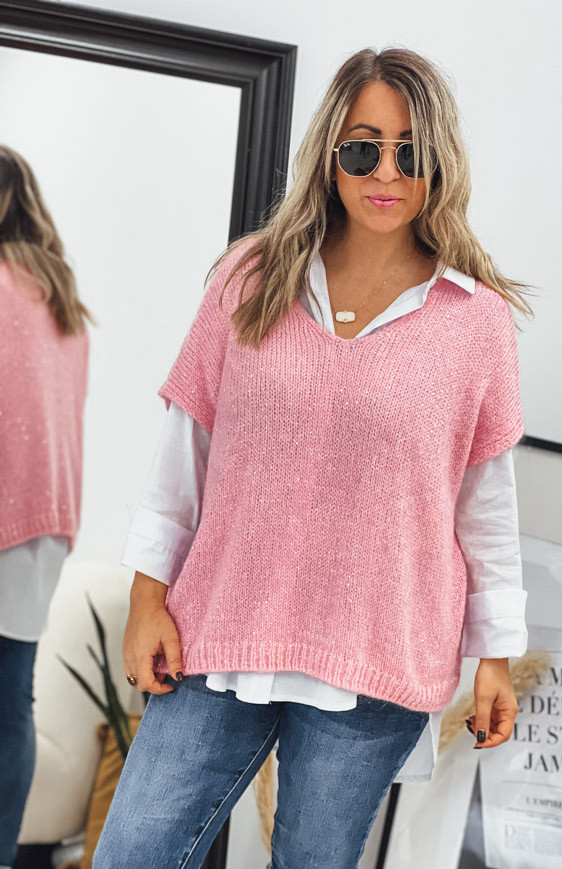 Pull DAVY manches courtes rose clair