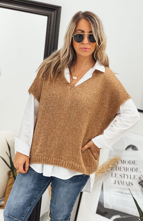 DAVY short-sleeved camel sweater